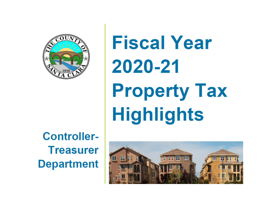 Cover for Fiscal Year 2020-21 Property Tax Highlights, cover image of downtown highrises, a tree-lined sidewalk, and multistory condos.